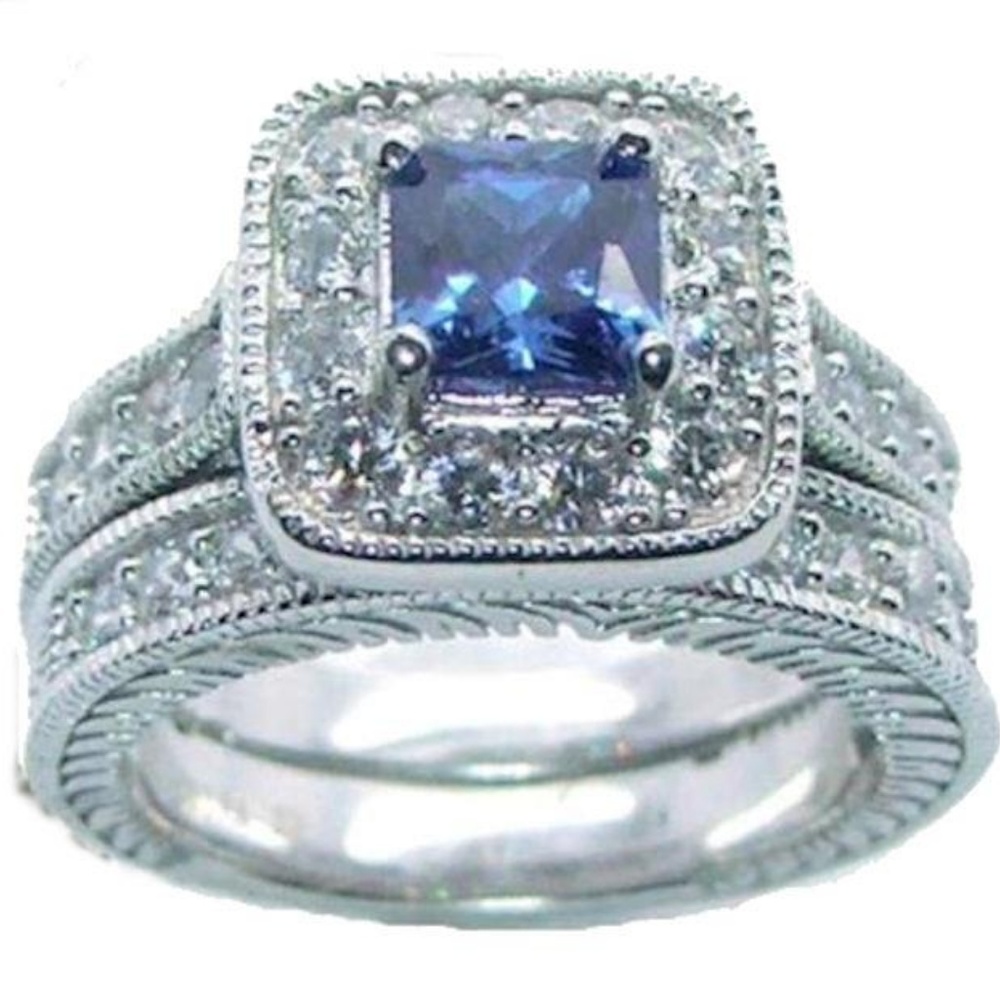 3.25 ct Blue Sapphire Cz Halo Wedding Ring Set Solid 925 Sterling Silver